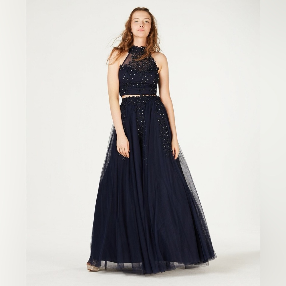 Navy blue, 2 piece, floor-length, rhinestone and lace formal prom dress.